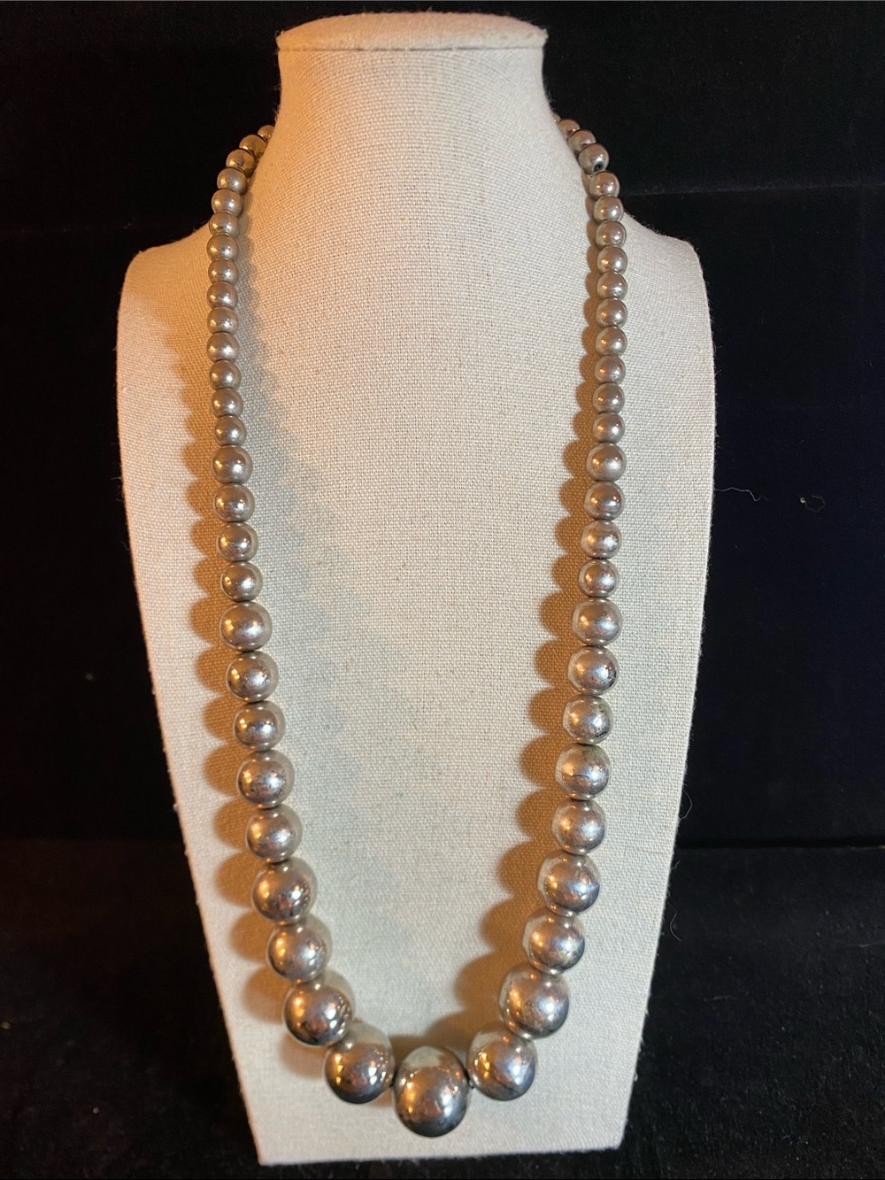 Vintage Graduated Silver Tone Bead Necklace 25” Statement Necklace